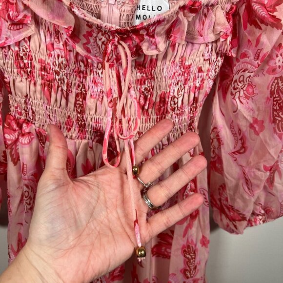 Hello Molly Aura Check Mini Dress Size US 2 Pink Floral Babydoll Chiffon - Picture 9 of 13